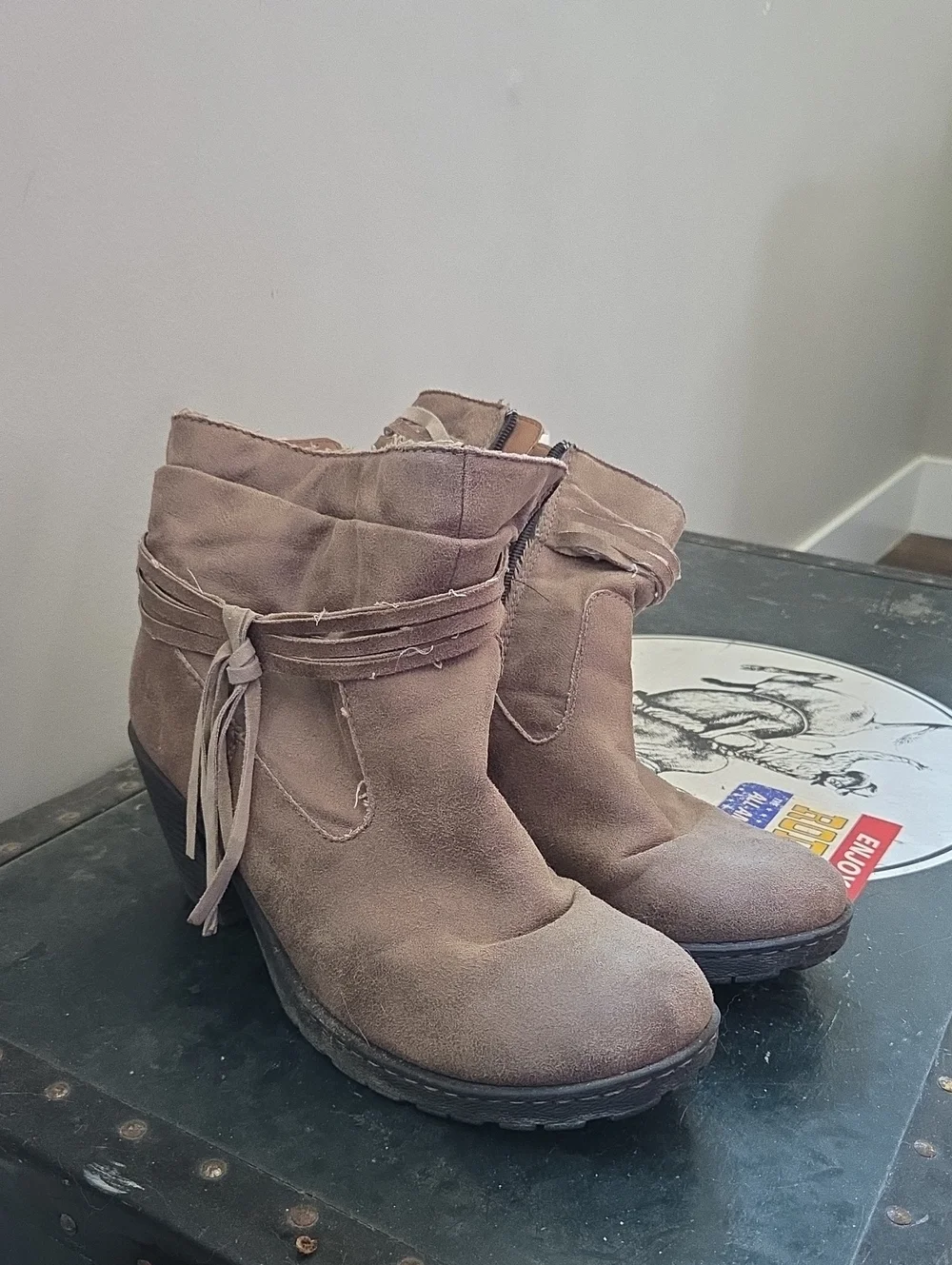 Women's B.O.C. Taupe Suede Ankle Boots with Fringe Tie